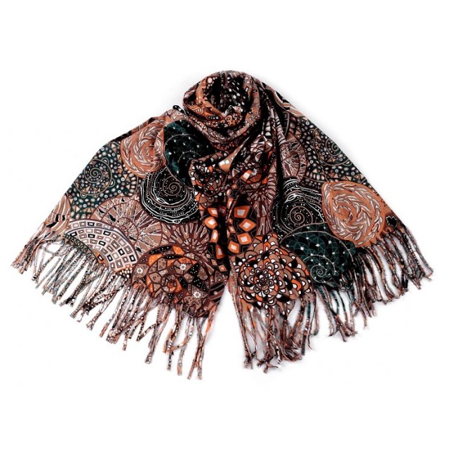 Esarfa bej dama eleganta tip casmir cu franjuri si model spirale colorate 196x70 cm
